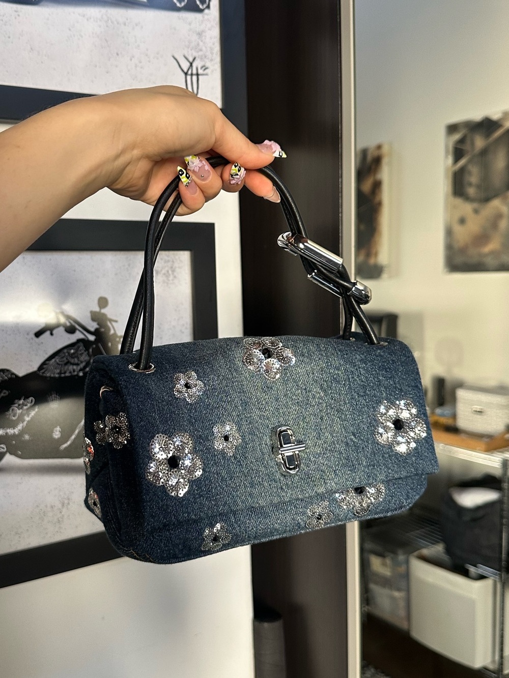 Marc Jacobs Denim Mini Shoulder Bag with Silver Floral Embellishments